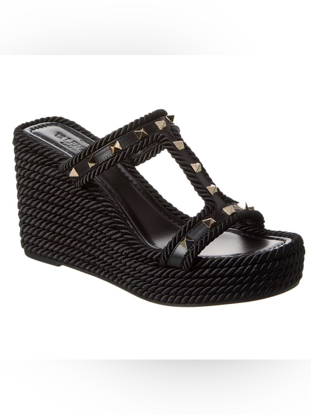 Valentino Garavani Black Rope Wedge Slide with Gold Pyramid Studs
